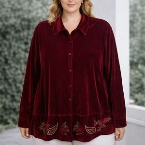 Burgundy Velvet Embroidered Blouse Button Women Plus Size 20W Relaxed Cottage